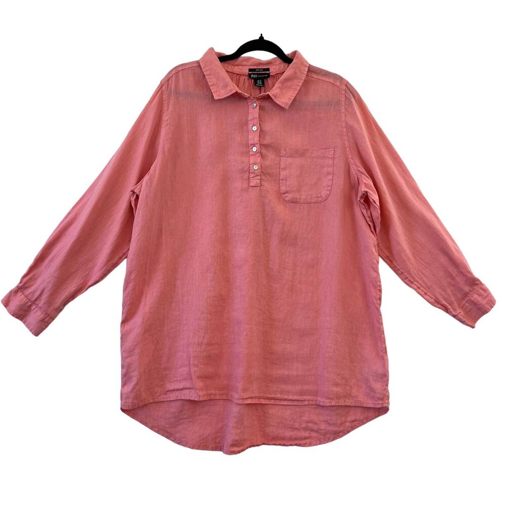 Jones New York Pink Lagenlook 100% Linen Long Sleeve Roll Tab Tunic Top Size 1X
